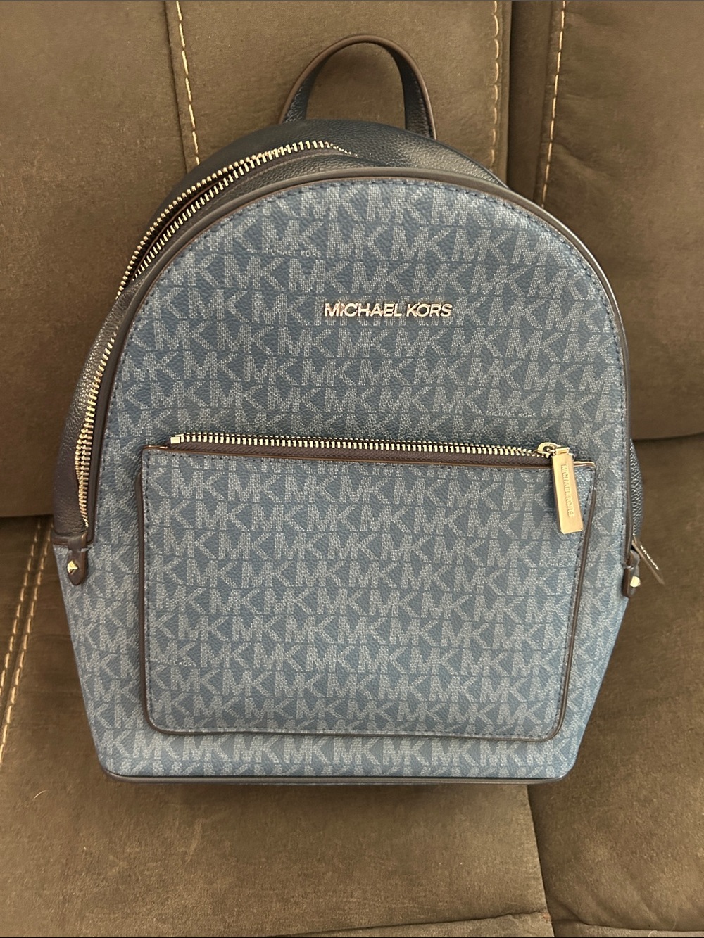 Michael Kors Navy Logo Adina Medium Backpack with Silver Hardware